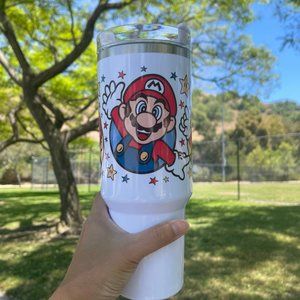 Custom Nintendo Super Mario Bros Tumbler 40 oz tumbler with hand carry handle.